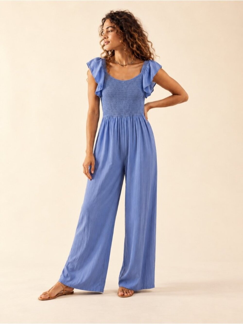 Japna Womens Medium Blue Smocked Flutter Sleeve Jumpsuit Boho Cottagecore Summer